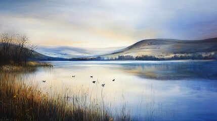 Serene abstract painting of a tranquil lake with soft light reflections creating a calming atmosphere for relaxation and contemplation