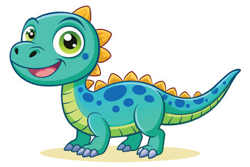 Obraz premium This adorable cartoon dinosaur has vibrant green scales and a joyful expression, standing on all fours with a sunny background. Its cute features appeal to children.