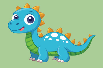 Fototapeta premium This delightful cartoon dinosaur has vibrant blue skin adorned with white spots and stands out with its playful orange spikes on a soft green backdrop.