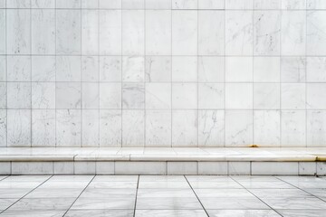 empty white marble tiled wall and floor with a single step in natural light creating a clean and minimalist architectural space