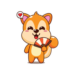 Cute squirrel cartoon vector illustration with hand fan