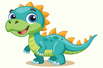 A whimsical cartoon dinosaur, featuring vibrant colors and a cheerful face, poses playfully against a light backdrop, perfect for engaging children's interests.