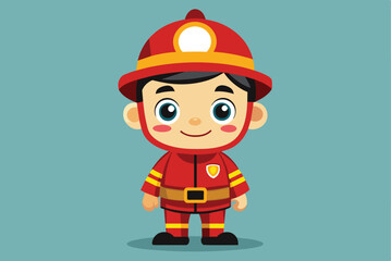 A cheerful young child dressed in a vibrant red firefighter uniform stands proudly with a big smile, embodying bravery and readiness for action.