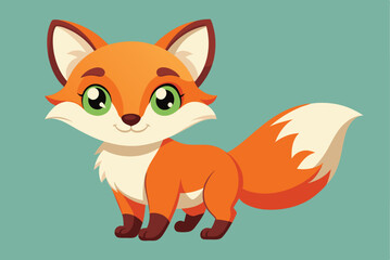 Obraz premium A cheerful cartoon fox stands confidently with bright green eyes and a fluffy tail, radiating playfulness and warmth against a soft, solid background.