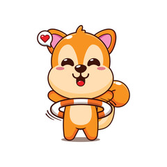 Cute squirrel cartoon vector illustration playing hula hoop