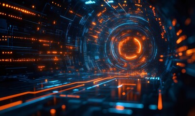 青とオレンジの光輝くデジタル空間トンネル 幾何学的なデザインの未来的な抽象背景
