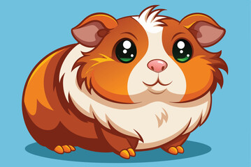 A cheerful cartoon guinea pig sits comfortably, displaying vibrant orange and white fur, big sparkling eyes, and a delightful smile against a bright blue backdrop.