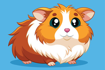 A cheerful cartoon guinea pig with fluffy orange and white fur is sitting comfortably against a bright blue background, showcasing its big, expressive eyes.
