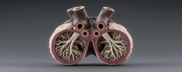 Detailed cross-sectional view of the human heart displaying intricate cardiac conduction system structures and internal vascular anatomy.
