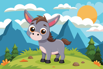Obraz premium A friendly grey donkey with bright eyes stands on grassy land, surrounded by lush trees and majestic mountains, enjoying a sunny day in a vibrant cartoon setting.