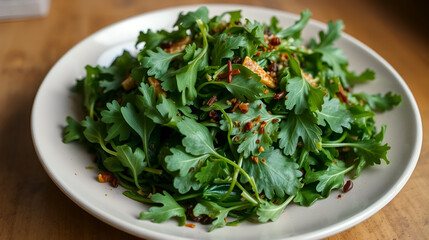 A beautifully disarranged heap of lively greens on a simple dish, accented with spices and herbs, embodying freshness and simplicity in culinary presentation.