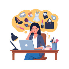 illustration of female office worker at her desk with laptop, daydreaming about her needs such as shoes, make up, clothes