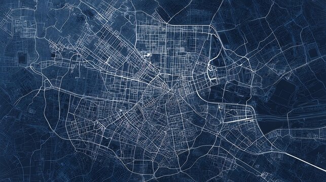 Abstract Cityscape: Detailed Aerial View in Deep Blue Tones and Intricate Lines