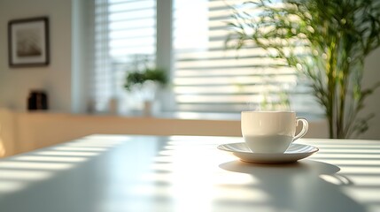 White coffee cup on a saucer sits on a sunlit table with blurred plants and blinds in the background