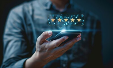 Person holding a smartphone with a glowing five-star rating graphic floating above the device in a dark background conveying satisfaction and positive feedback