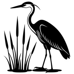Fototapeta premium Black silhouette illustration of a heron standing beside tall grass and cattails