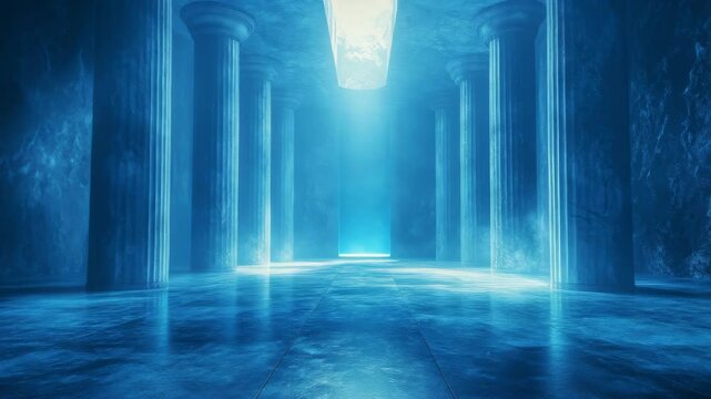 Columns light up cavern hall, emanating ethereal glow, surreal, mystic scene