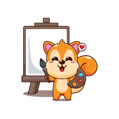 Cute squirrel cartoon vector illustration wants to paint on canvas