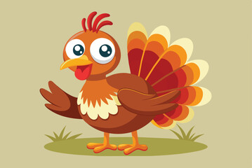 A lively cartoon turkey with vibrant feathers poses joyfully in a grassy area, embodying the spirit of Thanksgiving and celebrations.
