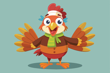 A vibrant cartoon turkey stands with its wings wide open, sporting a cozy scarf and a jacket, ready to celebrate the joy of autumn and festive seasons with a smile.