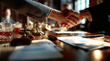 Naklejka premium Professional handshake between two senior executives business setting, symbolizing agreement and collaboration. warm lighting enhances atmosphere