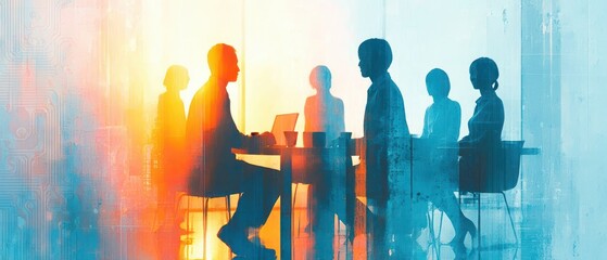 Silhouettes of six people sitting around a table in an office meeting setting with warm and cool light blending to create a collaborative and focused atmosphere