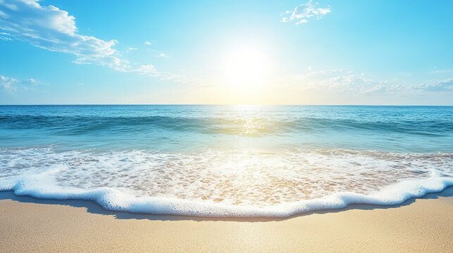 Serene summer beach scene with blue ocean waves and sunny sky sea day sand calm foam view water coast