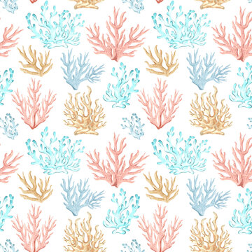 Colorful corals watercolor seamless pattern. Hand drawn illustration for nautical designs. Oceanic reef animals in scketch style. Underwater background. marine mediterranean template for wallpaper.