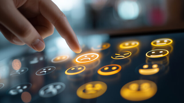 A digital touchscreen interface showing many faded sad and neutral face emojis, a hand selecting a brightly glowing happy face emoji, futuristic light effects. - Powered by Adobe