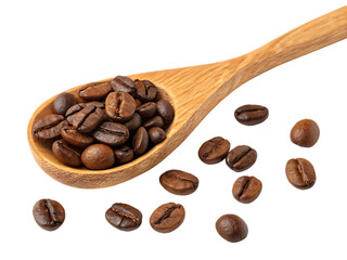 Obraz premium Coffee beans in a wooden spoon isolated on black background
