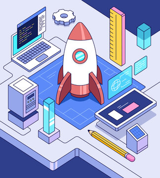 A conceptual flat lay illustration of a rocket, computer, gear and blueprint suggesting technology, innovation and startup.