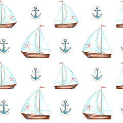 Sailboat with starfish and ropes. Watercolor seamless pattern of yacht with sail and flag. Hand drawn illustration for marine background. Sea travel print. Nautical template in Mediterranean style.