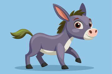 Fototapeta premium This cheerful cartoon donkey is playfully trotting across a light blue background, displaying a happy expression with large eyes and a lively stance.