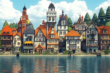 Fototapeta premium A picturesque digital rendering of a quaint waterfront town.