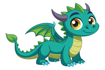 Fototapeta premium A friendly green dragon character is depicted with large expressive eyes and prominent wings, adding charm and whimsy suitable for children's books or animations.