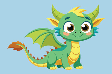 Fototapeta premium This delightful cartoon dragon features bright green scales, large expressive eyes, and playful wings, making it perfect for children's books or animated content.