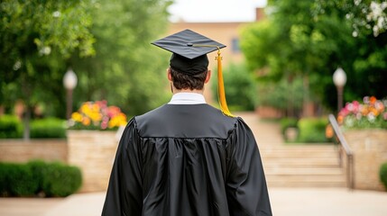 Graduate Walking Down Path in Stylish Cinematic Shot Surrounded by Lush Greenery and Vibrant Flowers