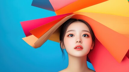 Woman doing personal color diagnosis in clothing store background,popular hobby in korea and japan.