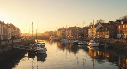 Fototapeta premium Peaceful Harbor Scene with Boats at Dock at Golden Hour