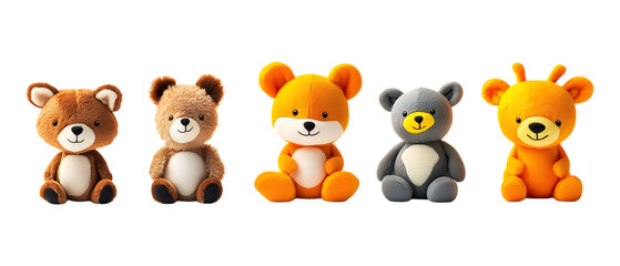 Fototapeta premium Five cute small teddy bear and fox plush toys are lined up for children's product advertising set against a clean transparent background.