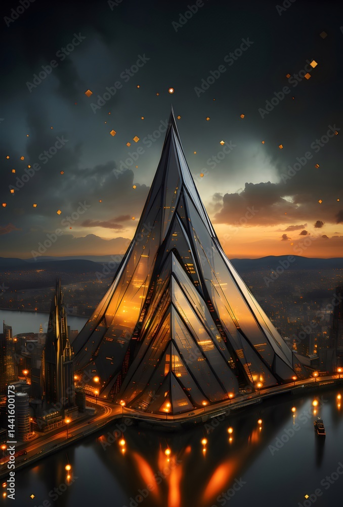 Poster 未来的な高層ビルの夜景 夕焼け空にそびえ立つ三角形の構造 黄金色の光に照らされた都市景観