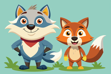 Obraz premium Two animated characters, a blue-gray wolf and an orange fox, smile brightly while standing on green grass, embodying a friendly and playful atmosphere.