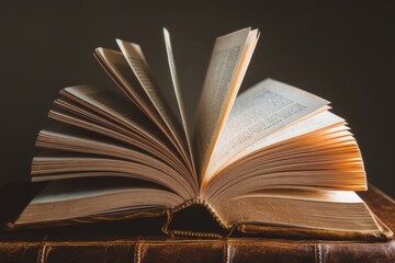 Obraz premium Open vintage book with fanned pages glowing in warm light — knowledge, wisdom and timeless literature concept for education, storytelling and intellectual design