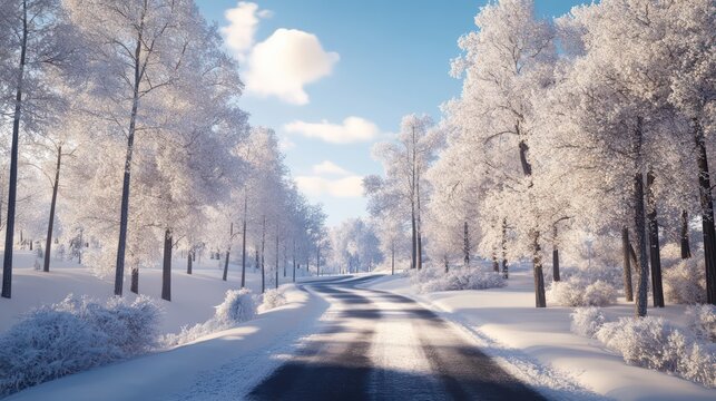 Snowy path through winter forest