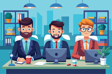 Three men dressed in suits sit at a desk in a vibrant office, working on laptops and sharing smiles, showcasing teamwork and a positive work atmosphere.