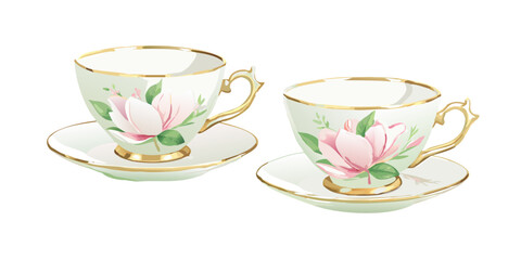 Fototapeta premium Two floral teacups with gold rim illustration