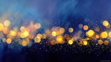 Soft glowing golden orbs and sparkles floating against a deep blue textured background creating a warm and magical atmosphere