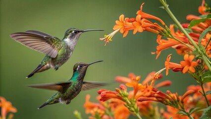 Two hummingbirds with iridescent feathers feeding on bright orange flowers Close-up of a pair of hummingbirds in flight near a trumpet vine
Delicate hummingbirds with long beaks sipping nectar 