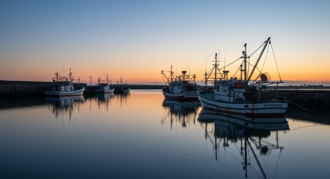 Fishing Boats Moored in Calm Harbor Reflecting Sunset Colors - Powered by Adobe