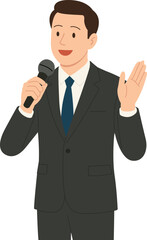 Businessman speaking with microphone. Male presenter in black suit isolated on white, flat vector illustration.직장인,회사원,소개하는,정장입은,발표하는,마이크,마이크 들고있는 회사원,사람,일러스트,벡터